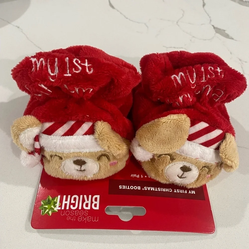 NWT Infants Baby's First Christmas Bib‎ & Booties Set Red